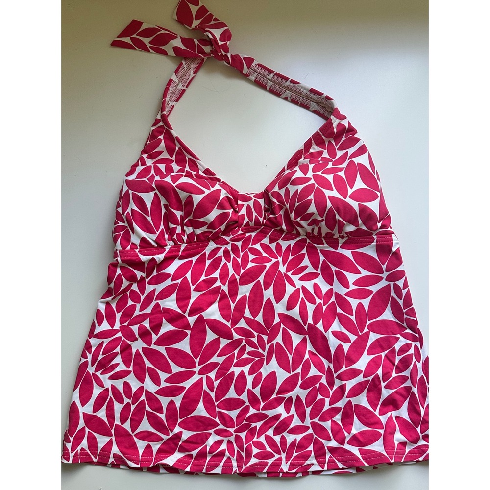 Lands End Women Pink White Leaf Print Halter Neck Tankini Swim Top Size 8